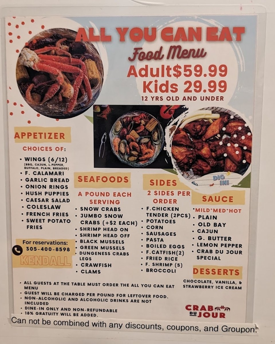 Menu page showing seafood boils, entrees, and drinks.