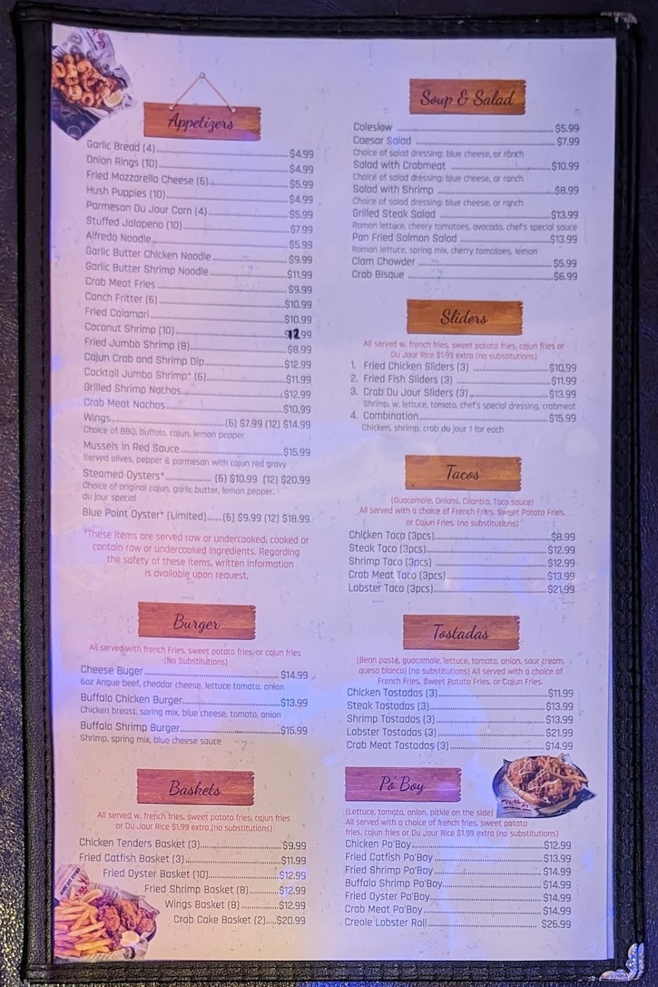 Seafood restaurant menu with beverage and entree sections.