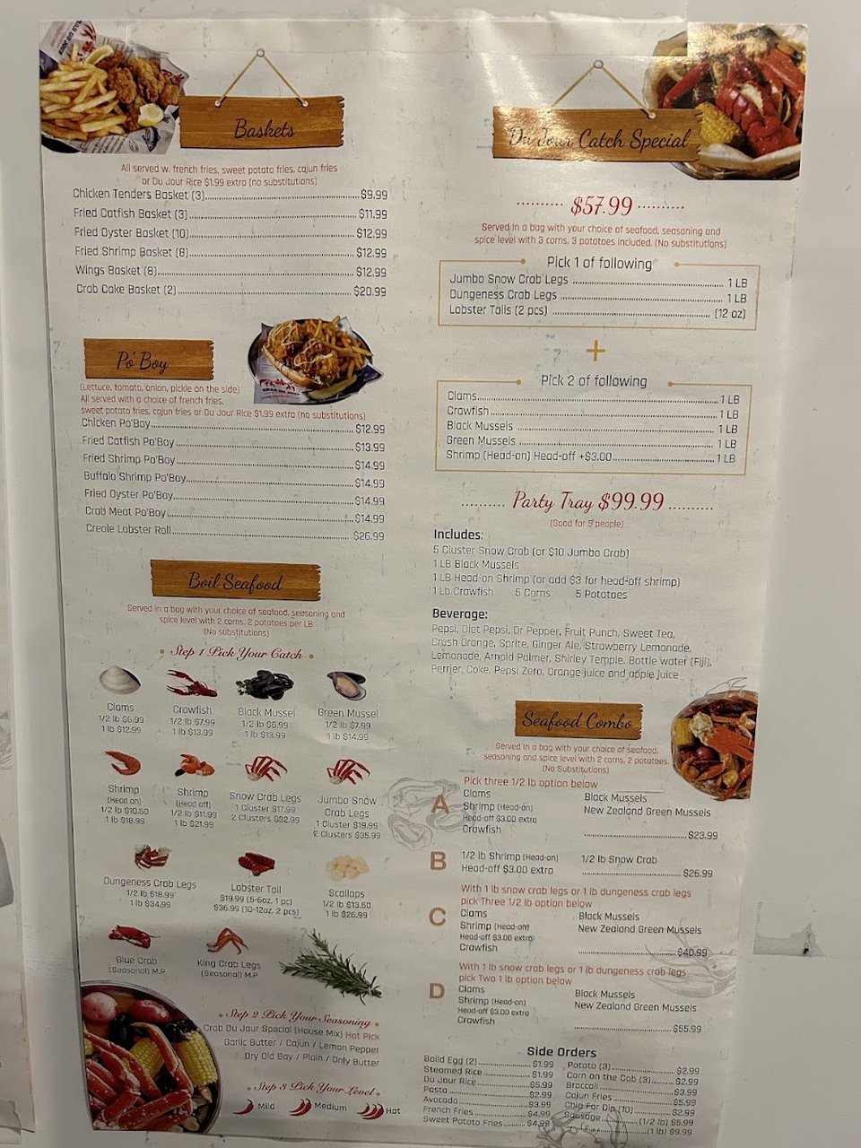 Menu featuring catch boils, chicken, and fish dishes.